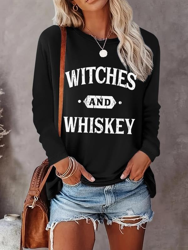 Women's Letter Print Round Neck Tee, Casual Long Sleeve Crew Neck Top for Daily Wear, Ladies Clothes for All Seasons...