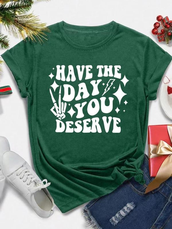 Women's Letter Print Round Neck Tee, Casual Short Sleeve Crew Neck T-Shirt for All Seasons, Fashion Women's Top for Daily...