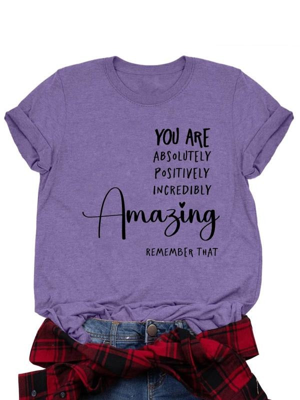 Women's Letter Print Round Neck Tee, Casual Short Sleeve Crew Neck T-shirt for Daily Wear, Ladies Clothes for All...