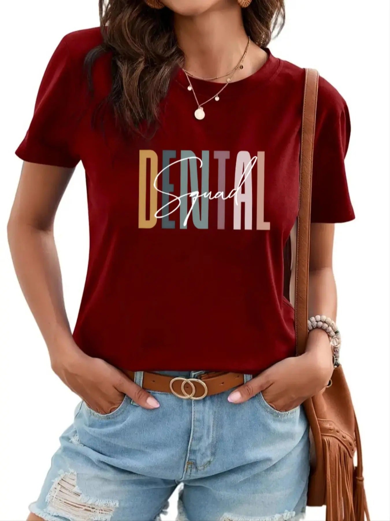 Women's Letter Print Round Neck Tee, Casual Short Sleeve Crew Neck T-shirt for Summer, Fashion Women's Top for Daily Wear...
