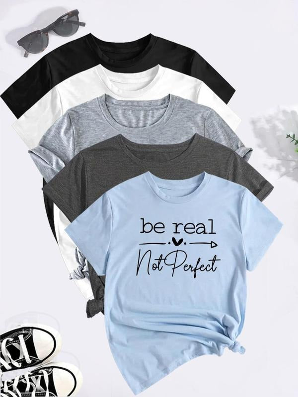 Women's Letter Print Round Neck Tee, Casual Short Sleeve Crew Neck T-shirt for Summer, Ladies Clothes for Daily Wear...