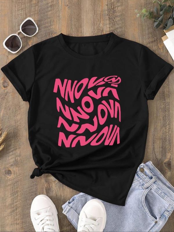 Women's Letter Print Round Neck Tee, Fashion Casual Short Sleeve T-shirt, Ladies Summer Clothes for Daily Wear Hoodie,...