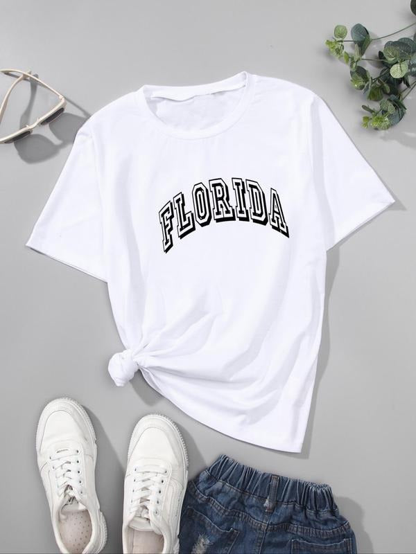 Women's Letter Print Round Neck Tee, Summer Clothes Women, Short Sleeve Crew Neck T-shirt for Summer, Women's Top for...