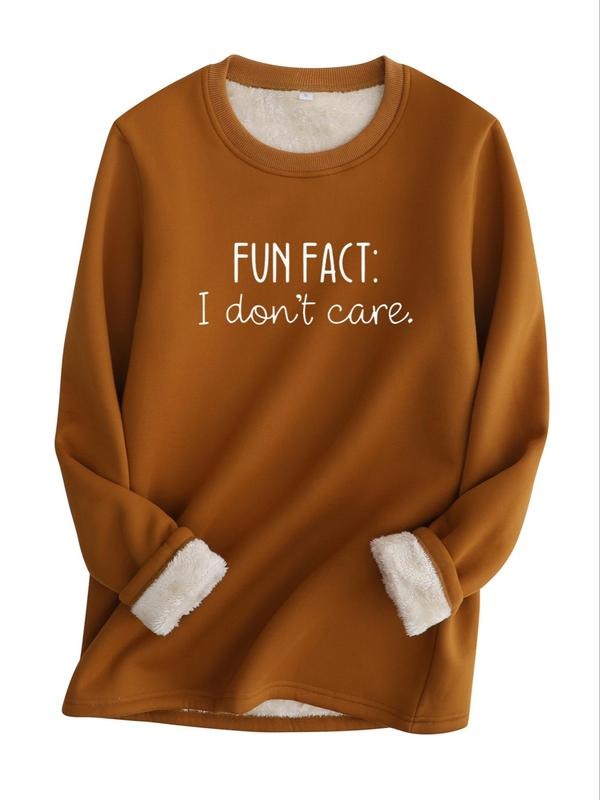 Women's Letter Print Round Neck Thermal Lined Sweatshirt, Casual Long Sleeve Plush Pullover for Fall & Winter, Women's...