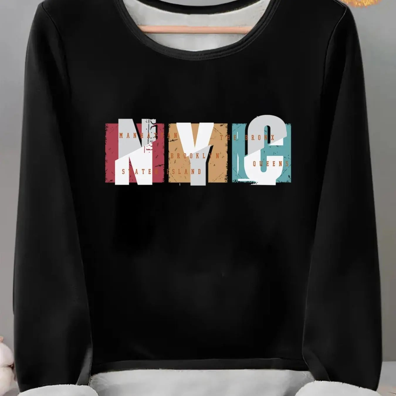 Women's Letter Print Thermal Lined Tee, Casual Long Sleeve Round Neck T-shirt for Fall & Winter, Ladies Clothes for Daily...