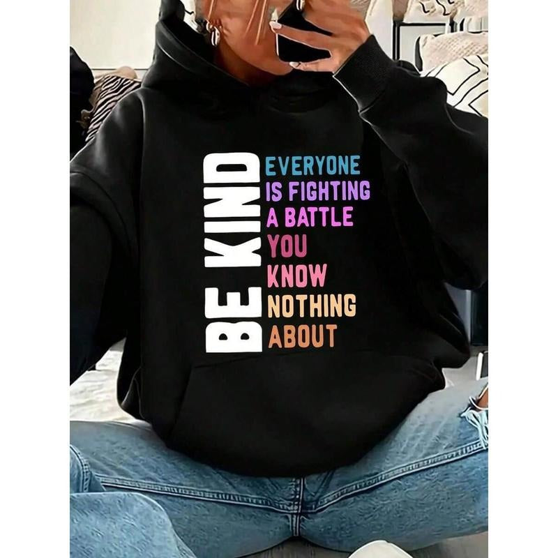 Women's Light Purple Letter Print Hoodie - Be Kind Inspirational Design Cozy Fleece Long Sleeve Sweatshirt Casual Fall...