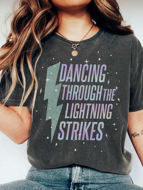 Women's Lightning Pattern Print T-Shirt, Dancing Stars Text Short Sleeve Top, Casual Streetwear Fashion, All Seasons Wear...