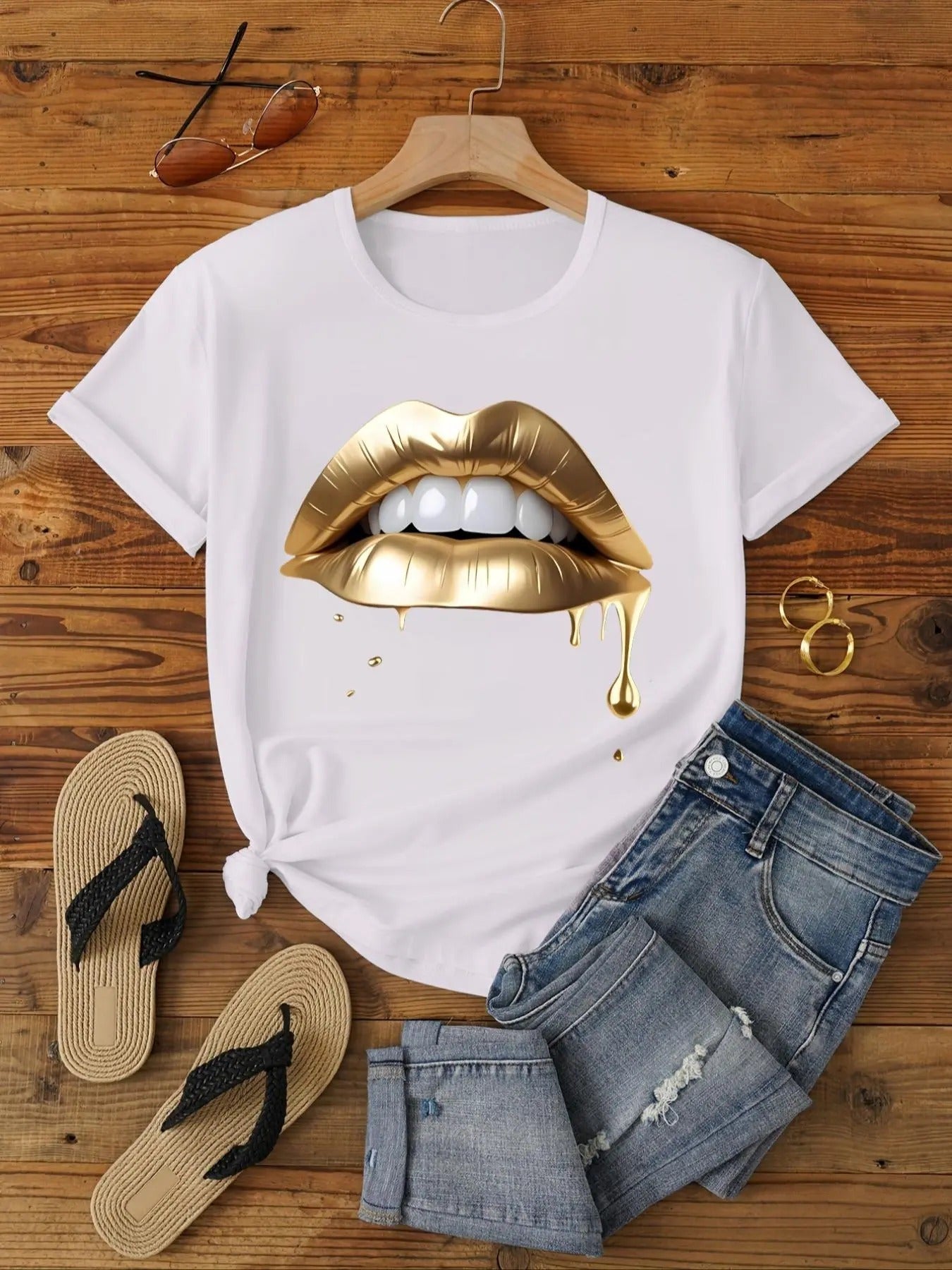Women's Lip Print Round Neck Tee, Fashion Casual Crew Neck Short Sleeve T-shirt for Daily Holiday Vacation Outdoor Wear,...