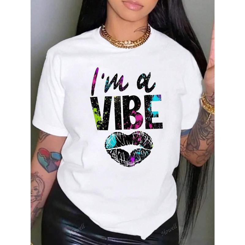 Women's Lips& Letter Print Pattern Round NeckTee, Casual Short Sleeve T-ShirtFor Daily Wear, I'm A Vibe Art Graffiti...