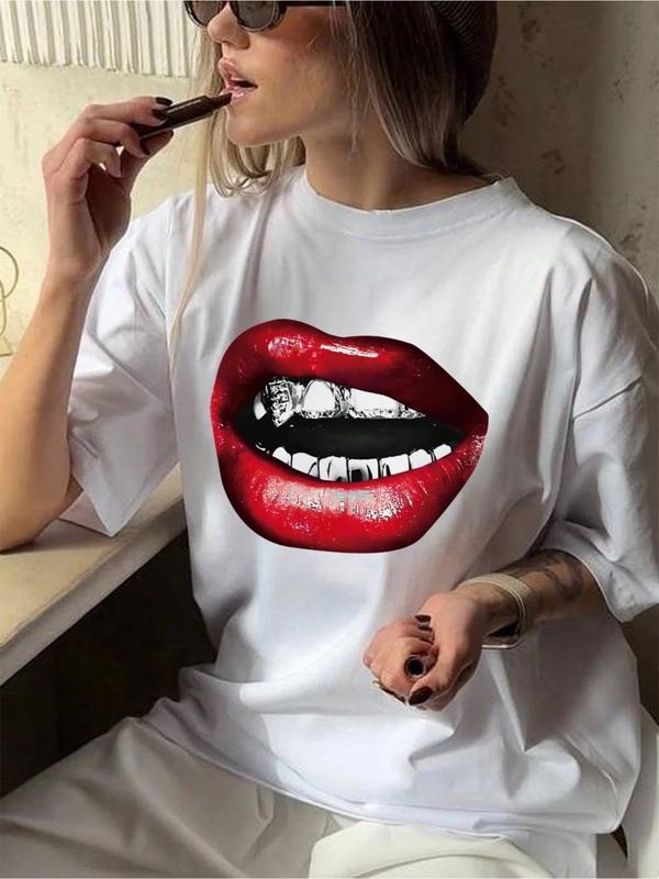 Women's Lips Print Casual Round Neck T-Shirt, Loose-Fit All-Season Street Fashion Top, Versatile Graphic Tee for Daily...