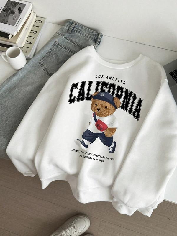 Women's Little Bear Print & Letter Print Regular-Fit Crew Neck Sweatshirt, Casual Basic Long-Sleeved Top for Fall and...