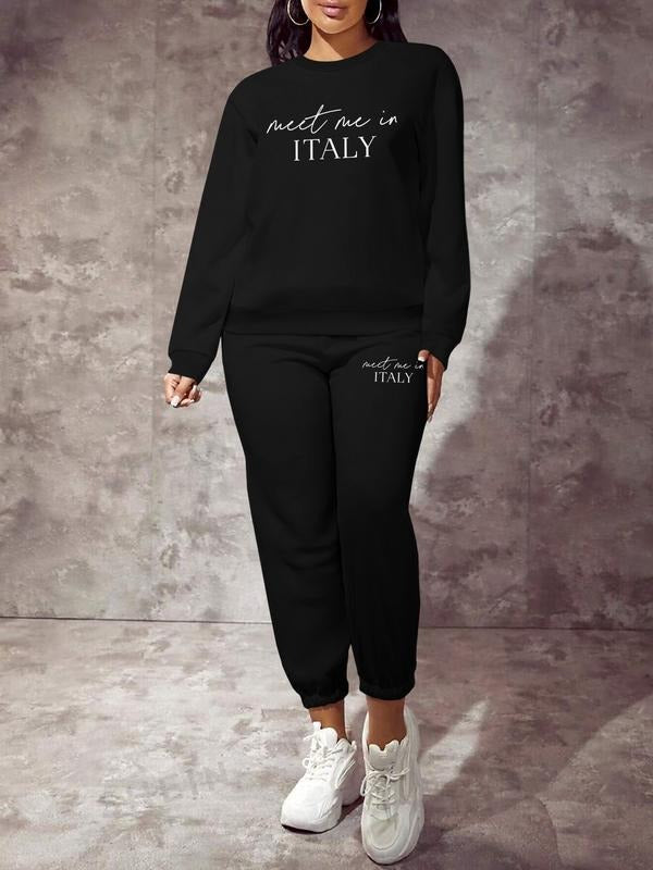 Women's Long Sleeve Hoodie Set, Minimalist Letter Print Design, Casual Fitted Sweatshirt, Winter Sport Top, Fall & Winter...