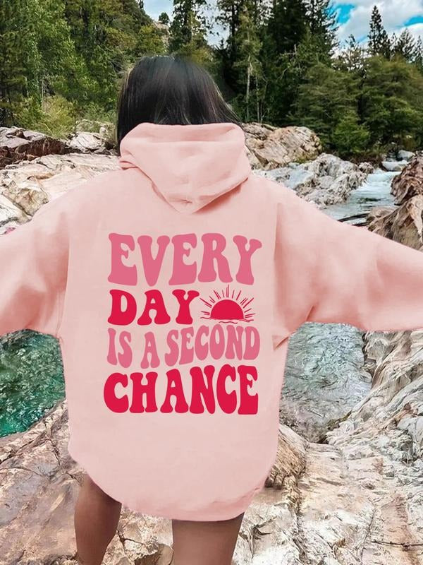 Women's Loose Casual Drawstring Hoodie with Letter & Sun Print, Comfortable Fashion Fall Winter Top, Daily Wear T-Shirts,...