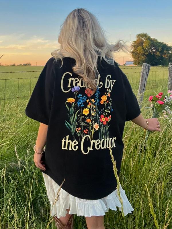 Women's Loose T-Shirt with Colorful Floral Pattern and Inspirational Text, Bohemian Fashion, Perfect for Summer Outdoors...