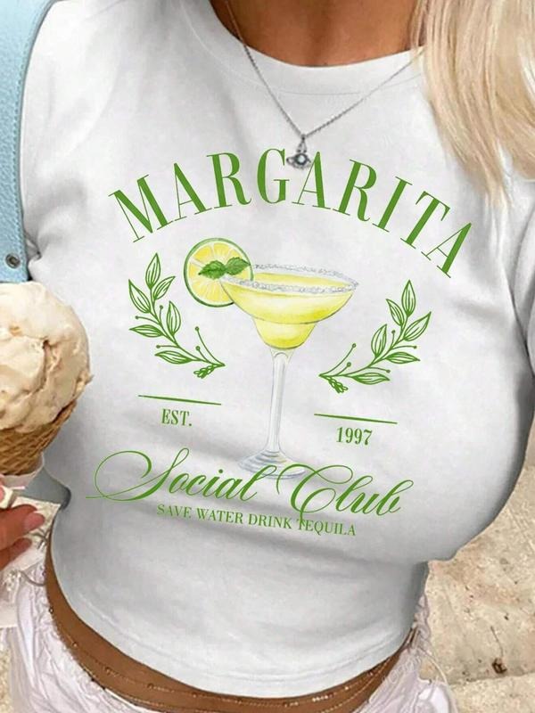 Women's Margarita & Letter Print Round Neck Tee, Casual Short Sleeve Crew Neck T-Shirt for Summer, Fashion Women's Top...