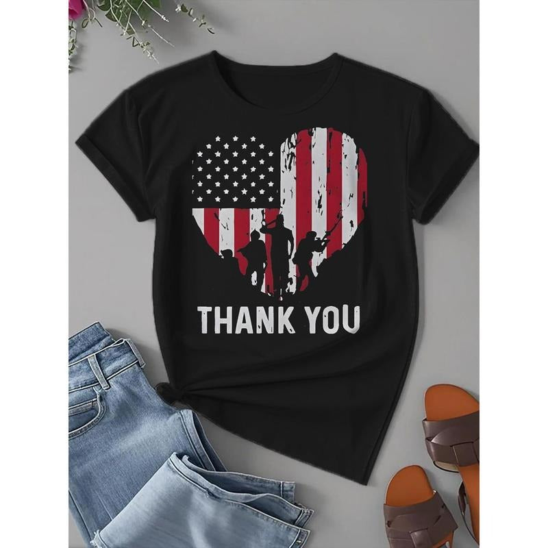 Women's Memorial Day Patriotic Thank You Veterans T-Shirt - American Flag & Soldier Silhouette Print, Casual Short Sleeve...