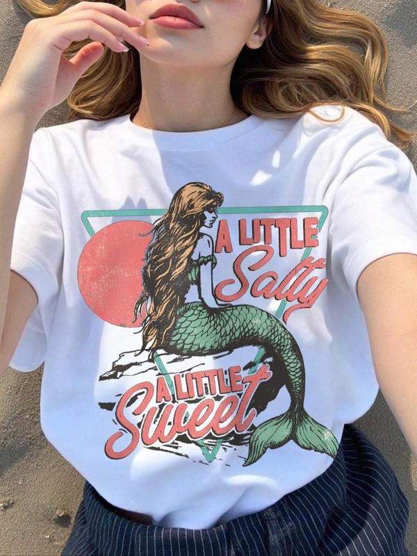 Women's Mermaid & Cherry Print Round Neck Tee, Casual Letter Graphic Short Sleeve T-Shirt for Summer, Ladies Clothes for...