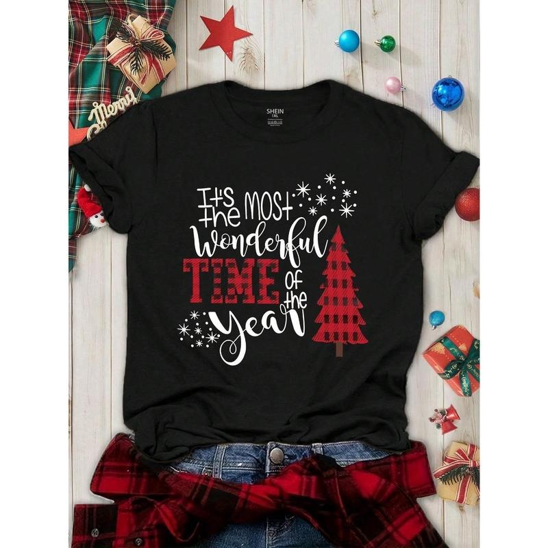 Women's Merry Christmas Tree It's Most The Wonderful TIME Of The Year Pattern Printed T-Shirt, Summer Clothes Graphic...