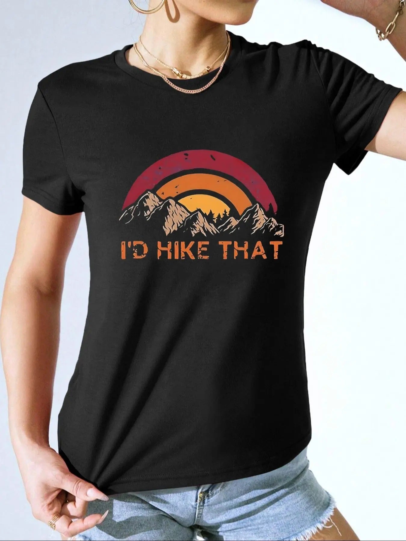 Women's Mountain & Letter Print Round Neck Tee, Casual Short Sleeve Crew Neck T-shirt for Daily Wear, Ladies Clothes for...