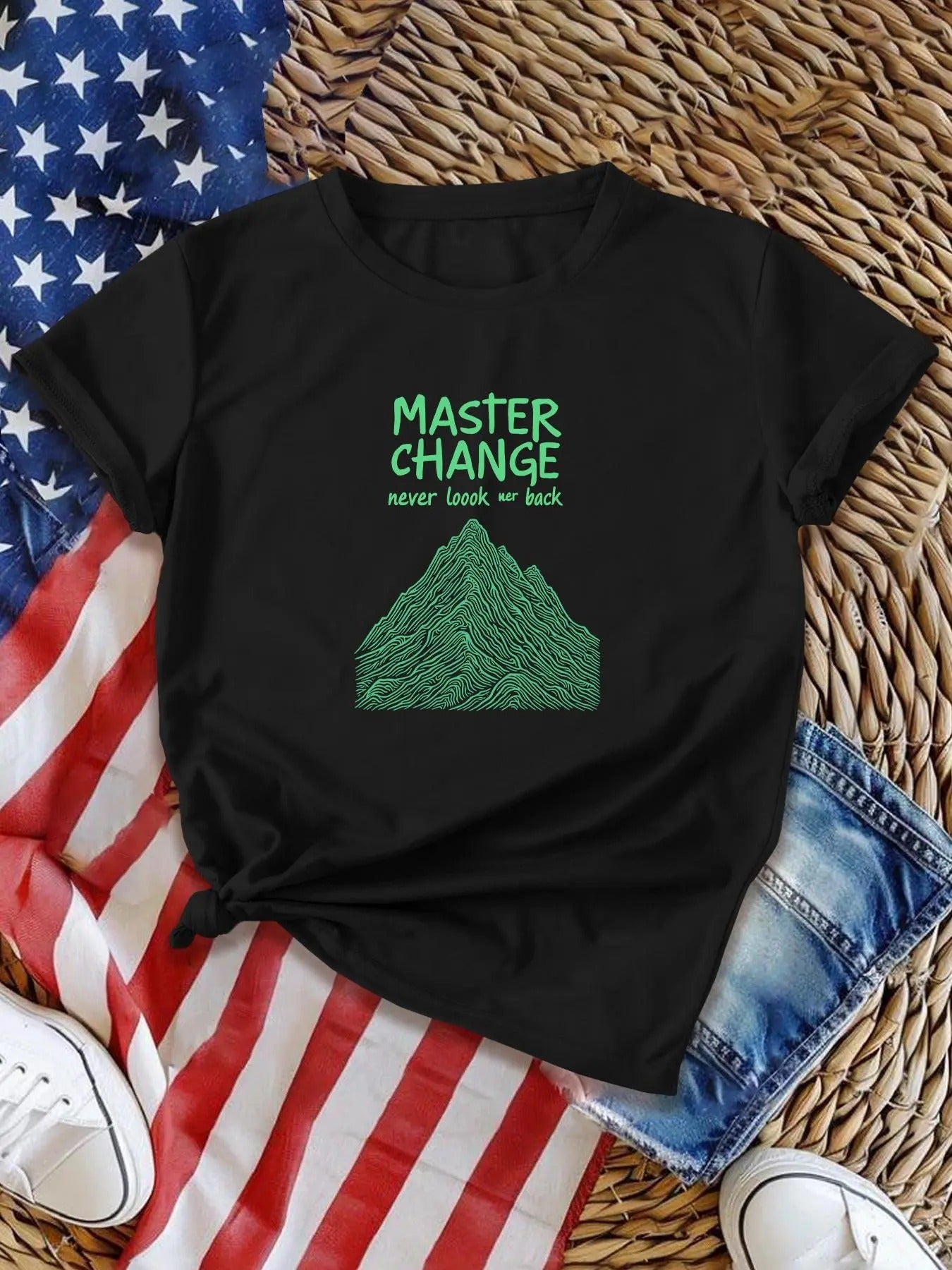 Women's Mountain & Letter Print Round Neck Tee, Casual Short Sleeve Graphic T-Shirt, Ladies Streetwear Top Hoodie, Sweatshirt