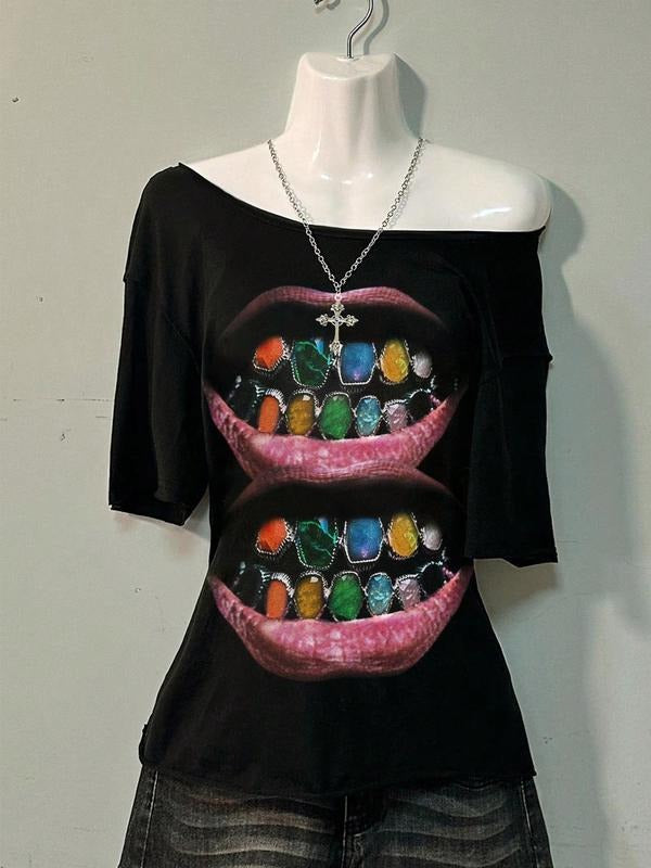 Women's Mouth Print Regular Fit Off-Shoulder T-shirt, Casual Basic Top for All Seasons, Women's Gift for Daily Wear and...