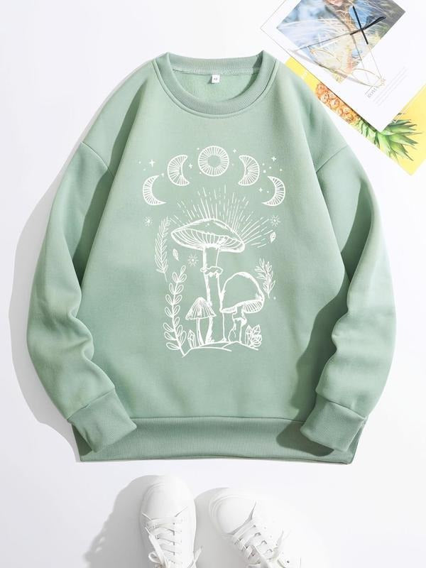 Women's Mushroom Print Drop Shoulder Pullover, Casual Fashion Round Neck Sweatshirt for Daily Holiday Outdoor Wear, Women...