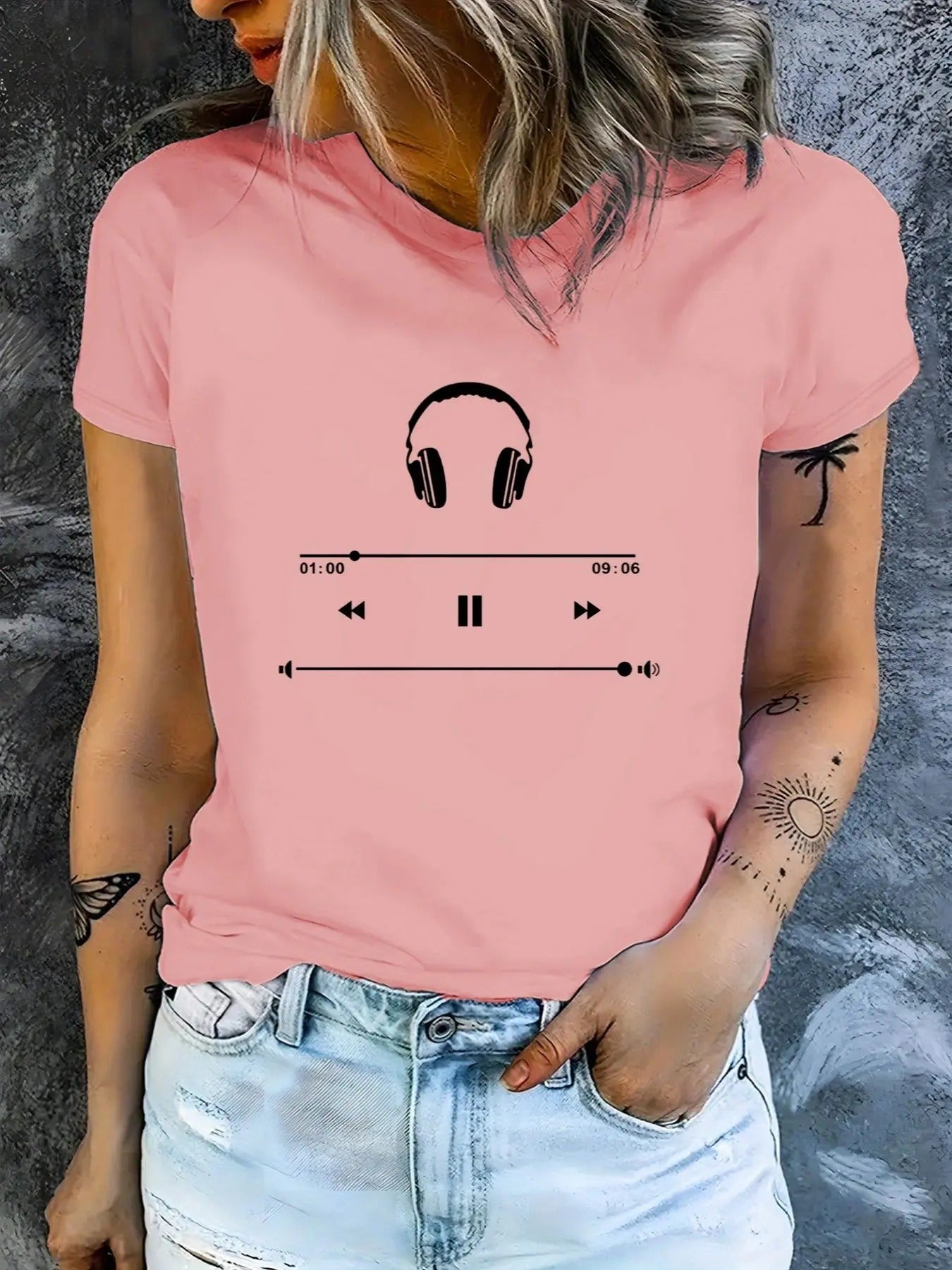 Women's Music Progress Bar Print Round Neck Tee, Fashion Casual Short Sleeve Crew Neck T-shirt for Daily Holiday Vacation...
