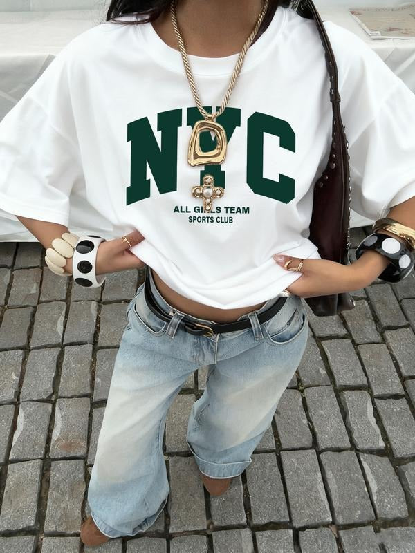 Women's NYC Graphic Oversized T-Shirt with All Girls Team Sports Club Print, Vintage Streetwear Style Loose Fit Top for...