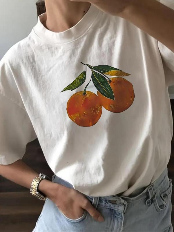 Women's Orange Print Drop Shoulder Tee, Stylish Casual Short Sleeve Round Neck T-Shirt for Summer, Women's Top for Daily...