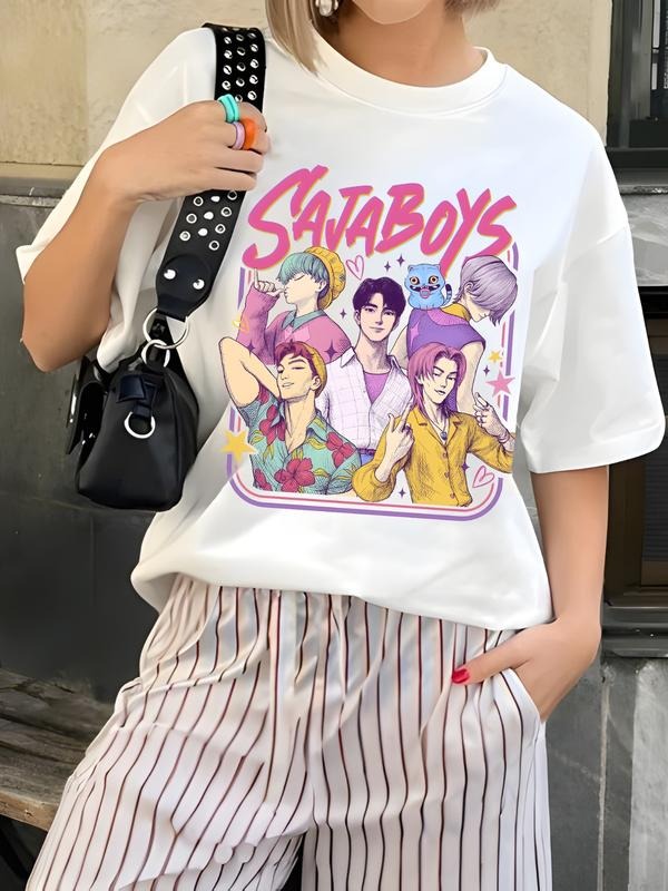 Women's Oversized Kpop Demon Hunter SAJABOYS Graphic T-Shirt - Vintage Y2K Casual Tee for K-pop Fans, Music Lover...