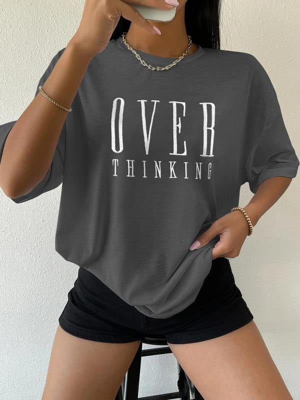 Women's Overthinking Letter Print Round Neck Tee, Casual Short Sleeve Crew Neck T-shirt for Daily Wear, Ladies Clothes...