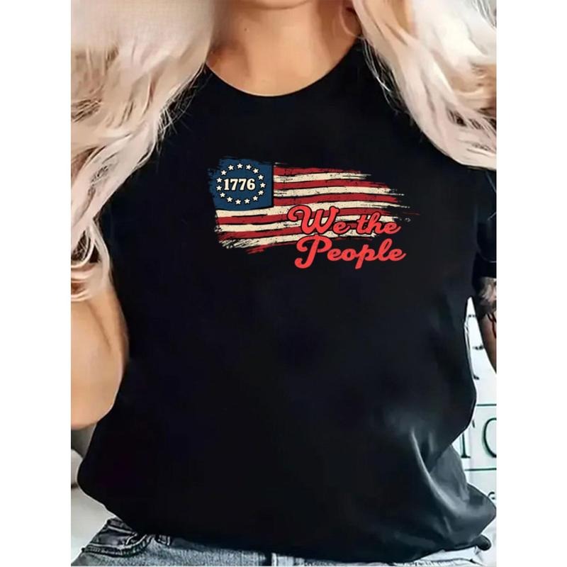 Women's Patriotic 1776 We the People Flag T-Shirt - 100% Cotton Casual Short Sleeve Round Neck Tee for Independence Day,...