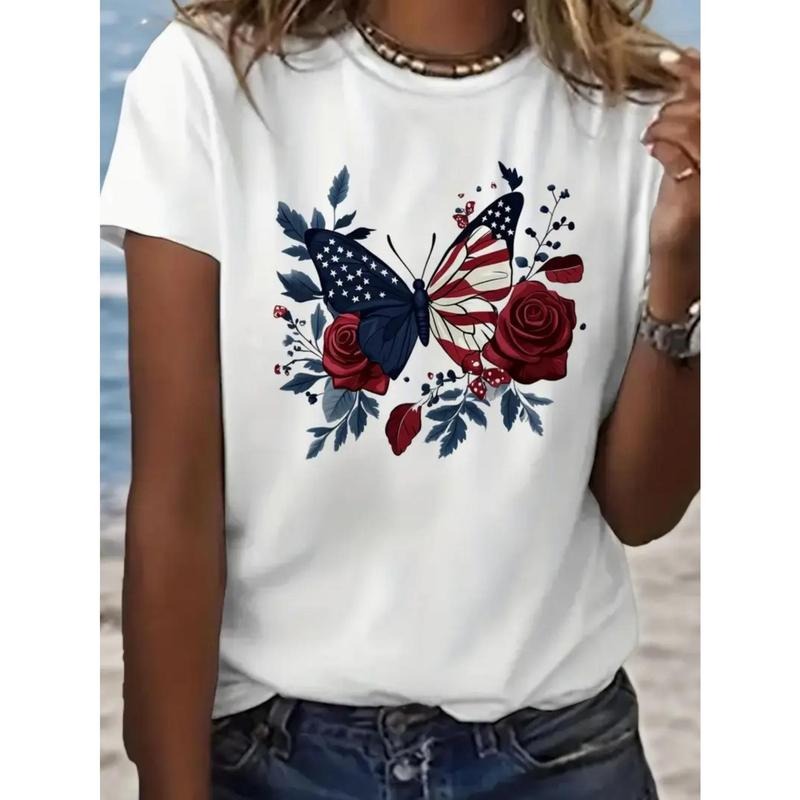Women's Patriotic American Flag Butterfly & Roses Print Cotton T-Shirt