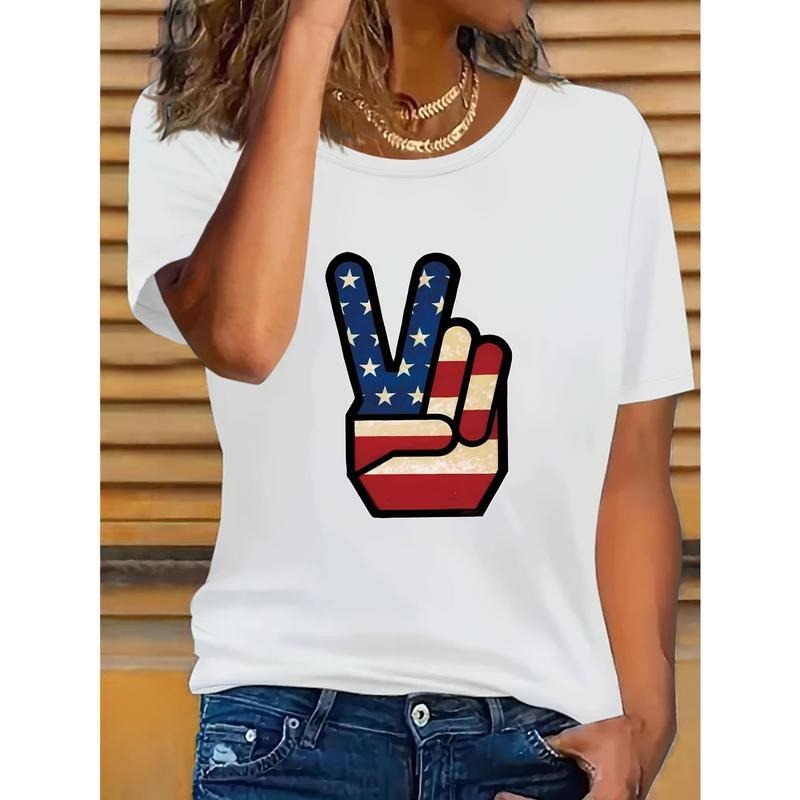 Women's Patriotic Peace Sign Graphic T-Shirt, Soft Polyester Blend Short Sleeve Crew Neck Casual Top for Summer & Spring,...