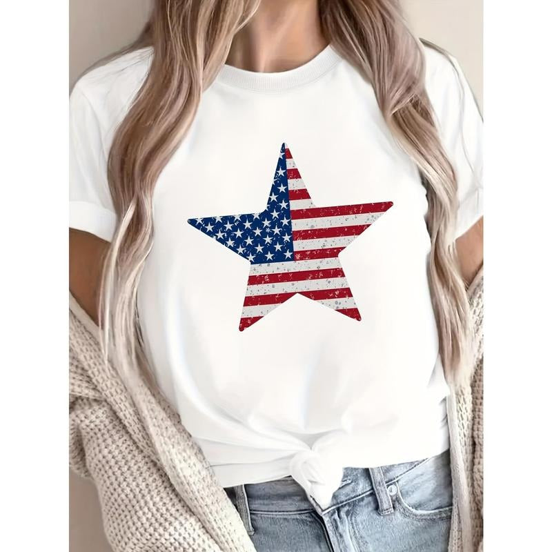Women's Patriotic Star-Spangled T-Shirt - 100% Casual Short Sleeve Round Neck Tee with Red White Blue Star Design,...