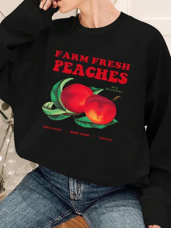 Women's Peach & Letter Print Drop Shoulder Thermal Lined Sweatshirt, Casual Long Sleeve Round Neck Pullover for Fall &...