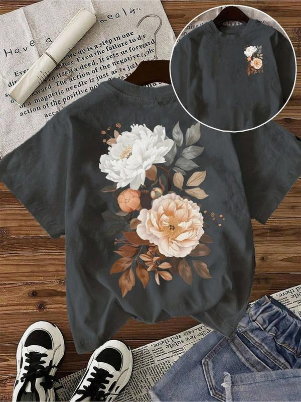 Women's Peony Print Regular Fit Round Neck Short Sleeve T-Shirt, All Seasons Basic Casual Wear Top for Daily Women's...