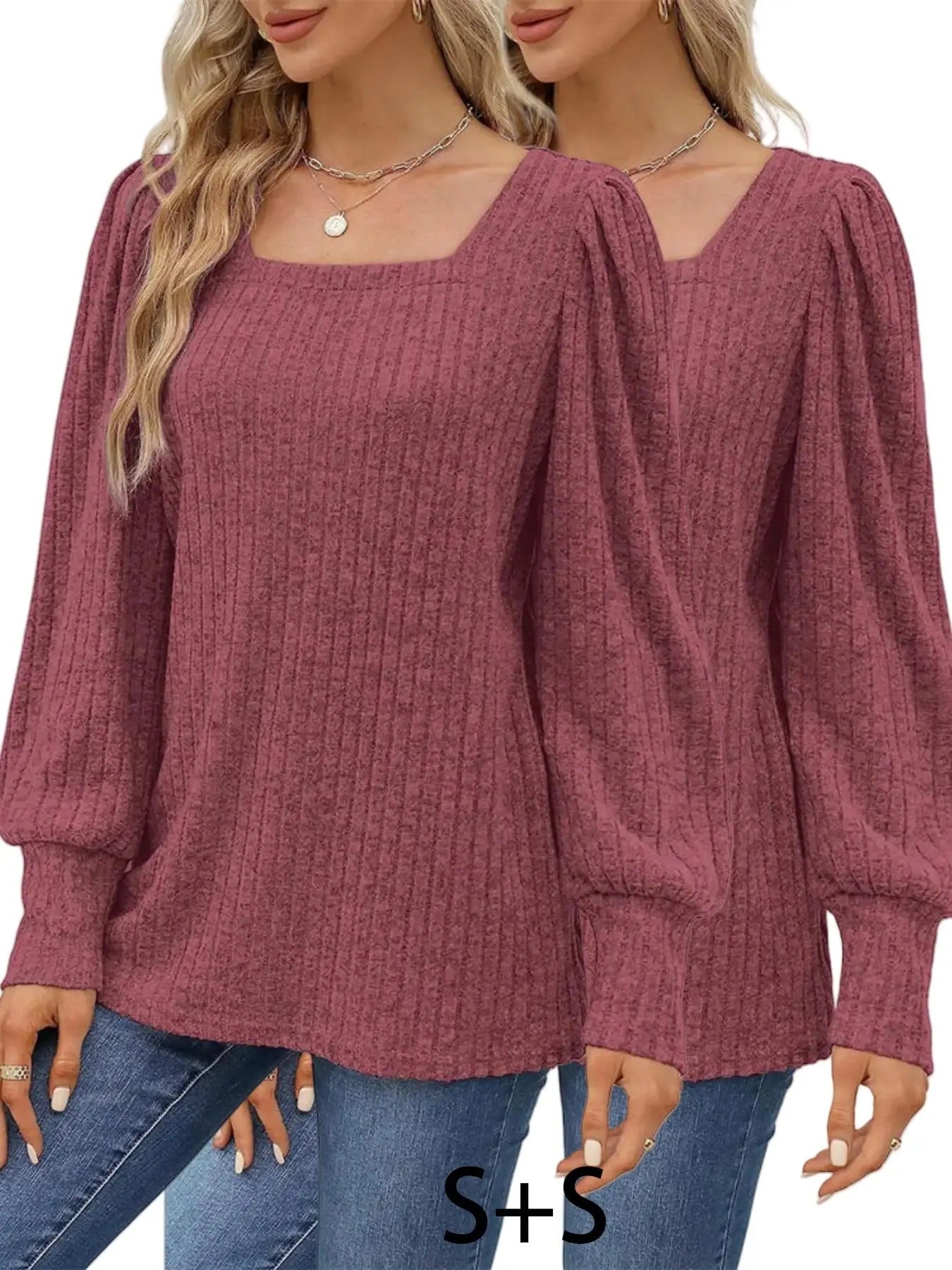 Women's Plain Bishop Sleeve Square Neck T-shirt, Casual Long Sleeve T-shirt for Fall & Winter, Ladies' Clothing for Daily...
