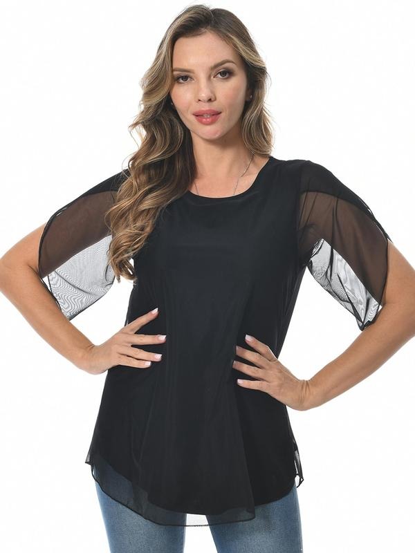 Women's Plain Contrast Mesh Petal Sleeve Blouse, Summer Clothes Women, Elegant Round Neck Short Sleeve Top for Summer,...