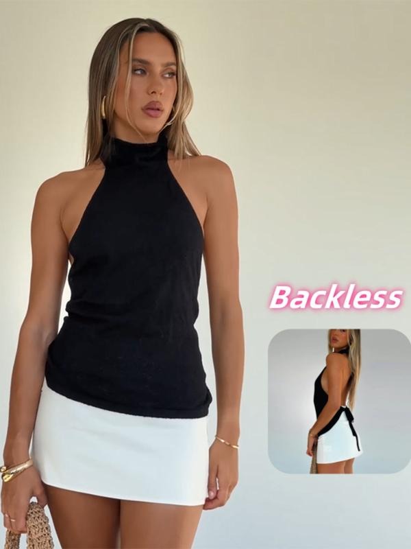 Women's Plain Halter Neck Backless Top, Summer Thin Fabric Casual Wear, Elegant Sleeveless Design for Daily T-Shirts,...