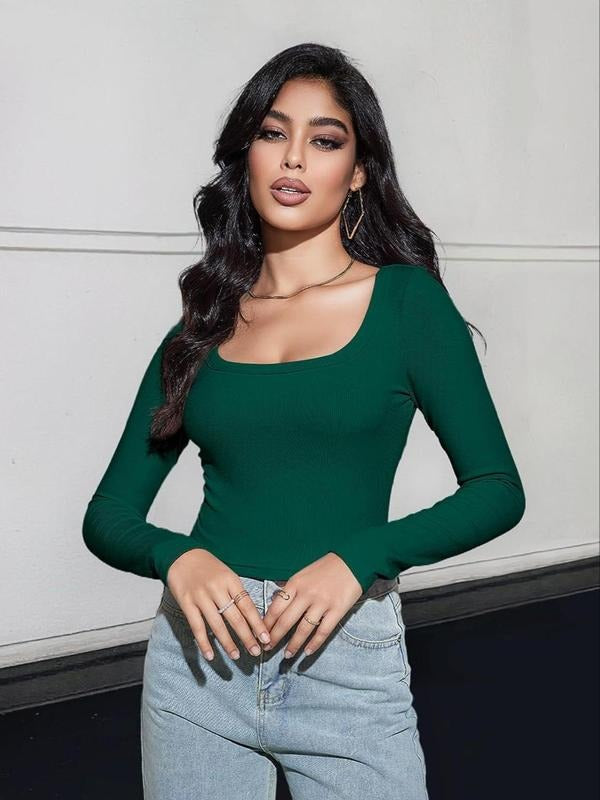 Women's Plain Scoop Neck Long Sleeve Crop Tee, Casual Basic Slim-Fit T-Shirt for Spring & Fall, Women's Top for Daily...