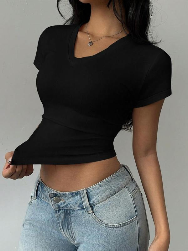 Women's Plain V Neck Tee, Casual Basic Short Sleeve T-Shirt for Summer, Ladies Clothes for Daily Wear, Top Hoodie, Sweatshirt