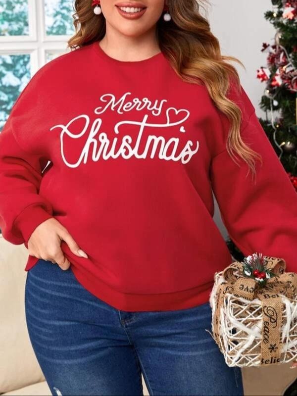 Women's Plus Size Letter Print Crewneck Sweatshirt, Casual Drop Shoulder Long Sleeve Pullover Top for Fall & Winter,...