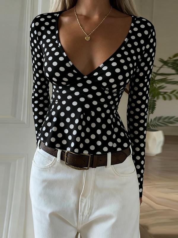 Women's Polka Dot V-Neck Top, Casual Fashion Blouse for Daily Wear, Stylish Ladies' Clothing, Perfect for Spring and Fall...