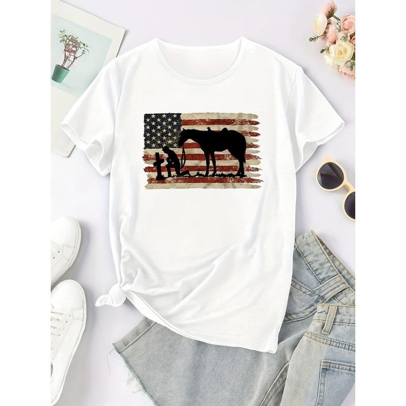 Women's Retro Patriotic American Flag & Soldier Silhouette Crew Neck T-Shirt