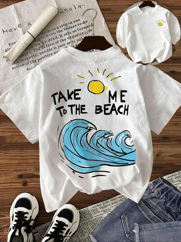 Women's Retro Sunset & Wave Print Round Neck Tee, Trendy Casual Crew Neck Short Sleeve T-shirt for Daily Wear, Ladies...