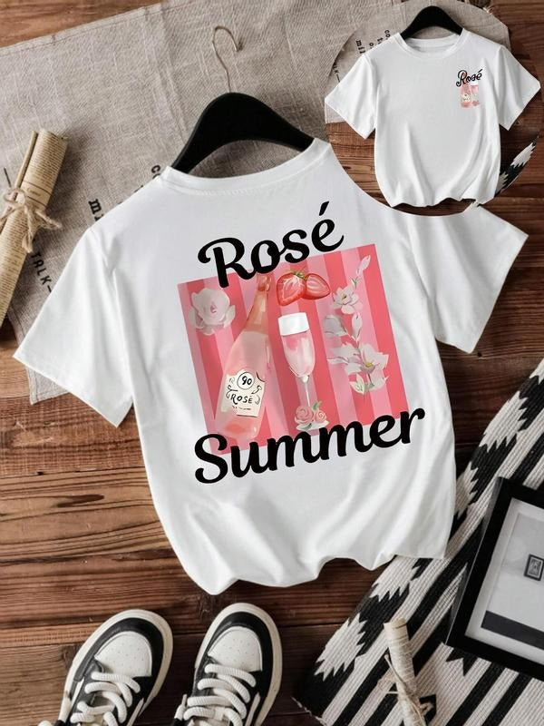 Women's Rose & Wine Print Round Neck Tee, Fashion Casual Crew Neck T-Shirt for Daily Holiday Vacation Outdoor Wear,...