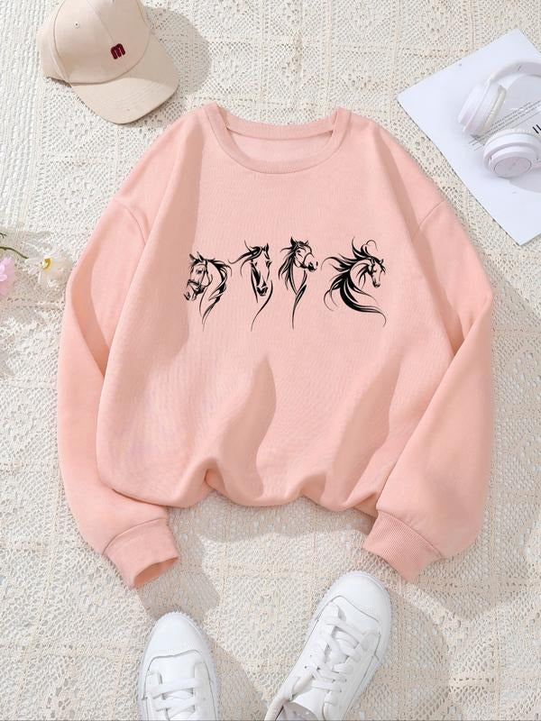 Women's Round Neck Loose Fashion Cartoon Horse Print Pullover Sweatshirt, Casual Style, Fall & Winter Wear, Moderate...