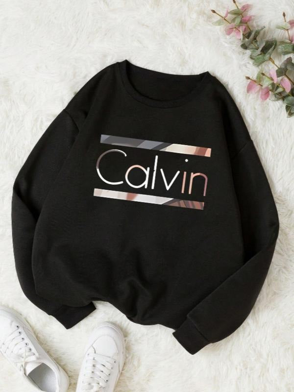 Women's Round Neck Loose Fit Cartoon Letter Print Hoodie, Casual Long Sleeve Fitted Sweatshirt for Fall & Winter T-Shirts