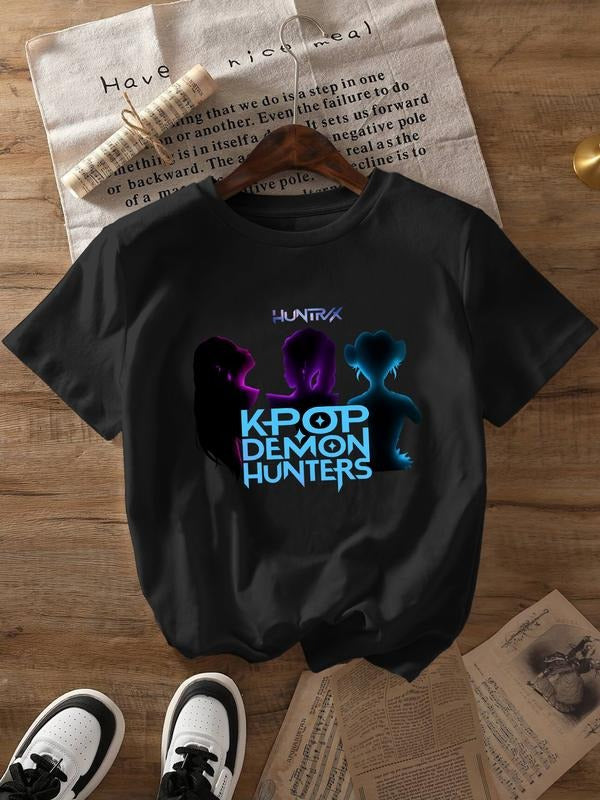 Women's Round Neck Short Sleeve T-Shirt, K-Pop Monster Hunter Group Print, Casual Fitted Top for All Seasons, Ladies'...